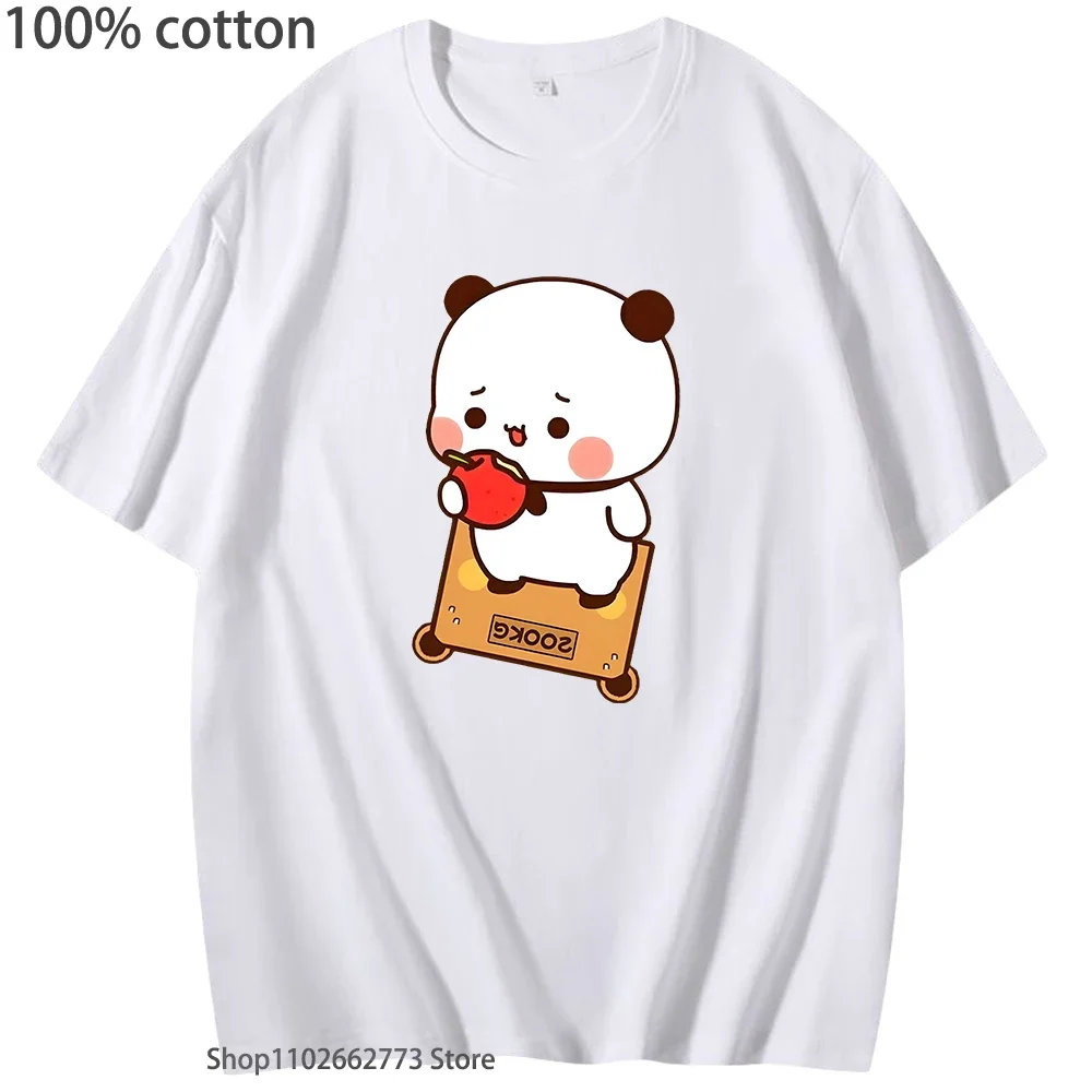 Urocza koszulka z grafiką Bubu jedzącego jabłko, panda, kawaii, damska koszulka, męskie koszulki, 100% bawełna, letnie ubrania, miękkie damskie t-shirty