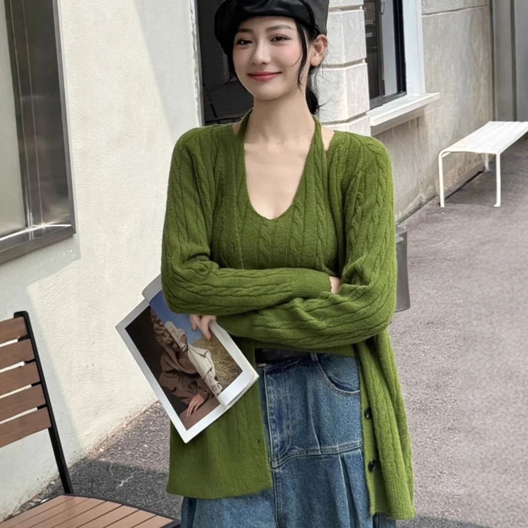 

SuperAen корейский повседневный вязаный кардиган, женский осенне-зимний свободный свитер, куртка, жилет, комплект из двух предметов