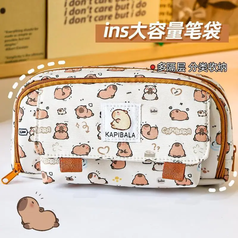 Kawaii Large Capacity Capybaras Pen Bag Cartoon Print High Appearance Student Multi Layered Stationery Storage Pen Bag for Gifts