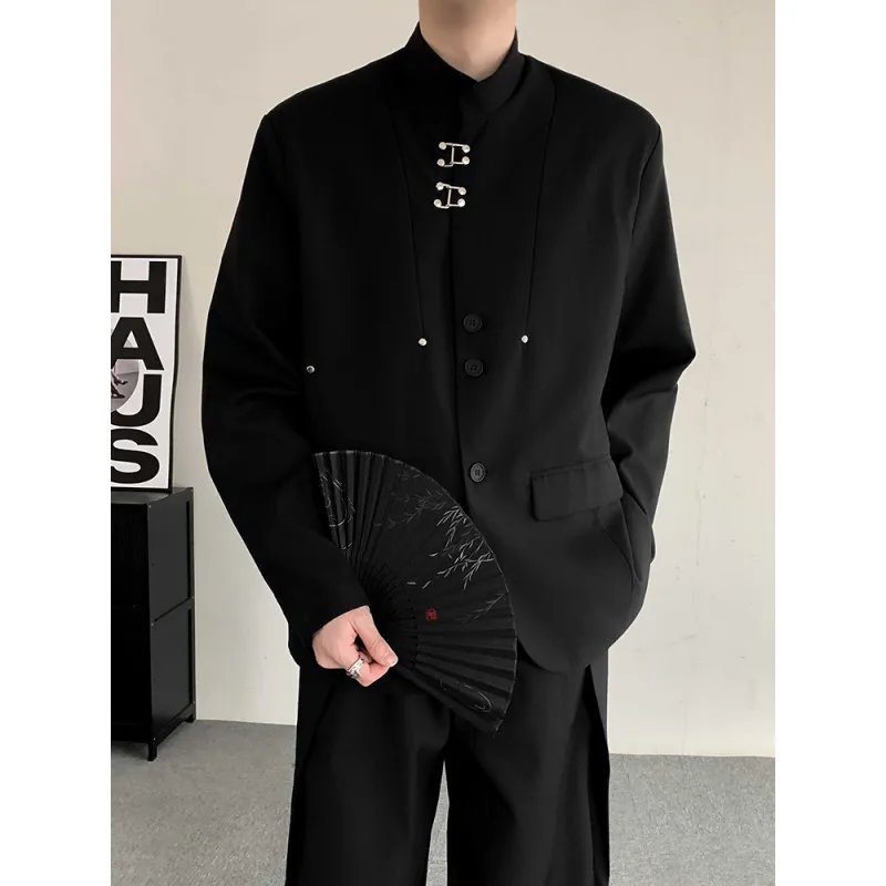 Chinese Style Men Shoulder Pads Jacket 2024 Autumn New Chic Buckle Suit Coat Stand Collar Long Sleeve Trendy Top Casual