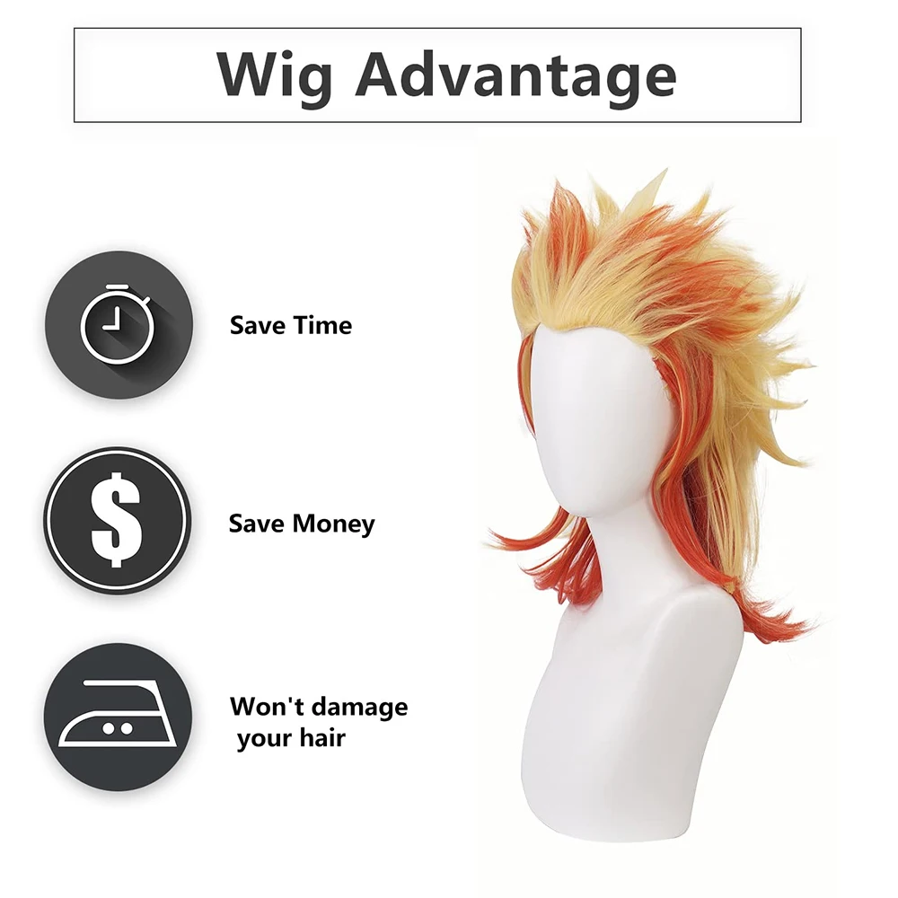 أنيمي رينجوكو كيوجورو شعر مستعار صناعي متدرج باللونين الأصفر والأحمر لكل من الرجال والنساء، شعر مستعار مقاوم للحرارة للحفلات اليومية #4