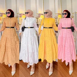 Women Eid Muslim Dresses Ramadan Morocco Lace Embroidery Hollow Dress Belt Kaftan Islam Vestidos Loose Casual Dubai Arab