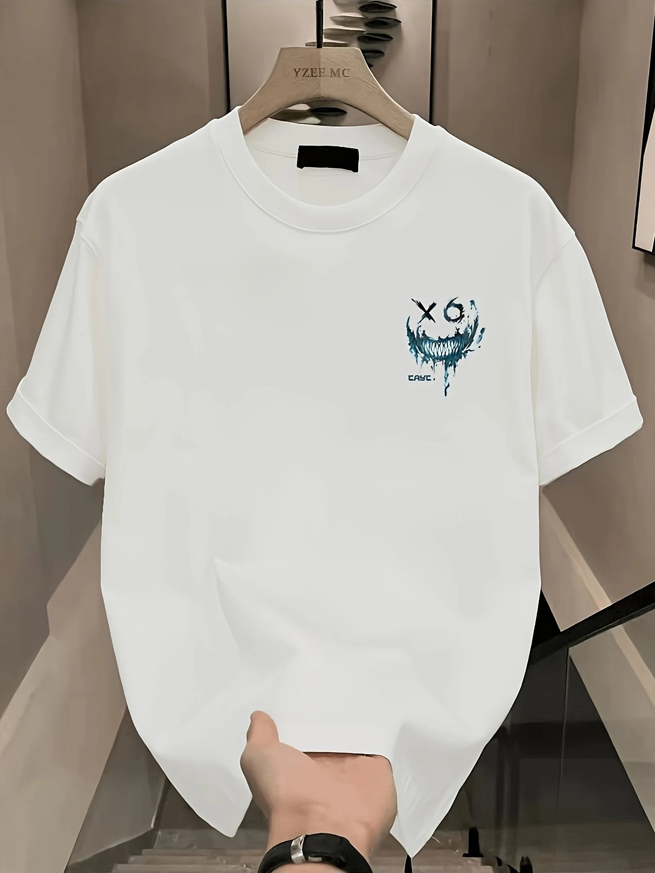 Summer Men's 100% Cotton Fashionable Casual Personalized Smiling Face Pattern Printed Loose Round Neck Short Sleeved T-Shirt