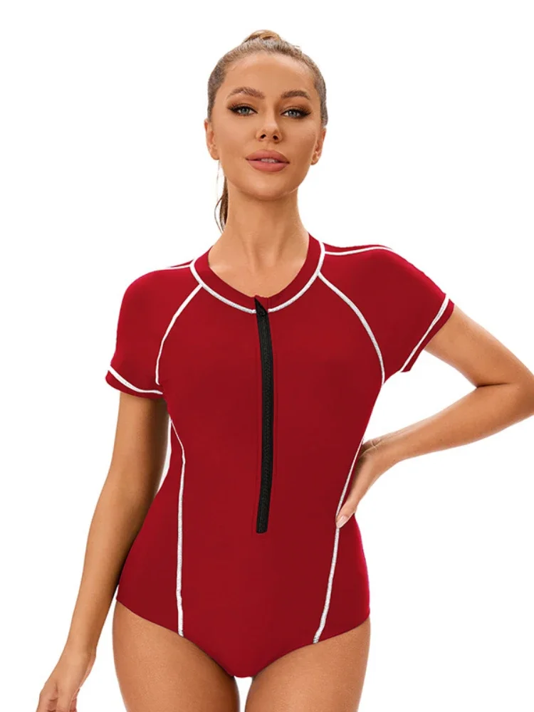 2025 One Piece Sports Swimwear Women's Pure Color Patchwork Bikini Monokini Beach Vacation Short Sleeve Conservative Bodysuit
