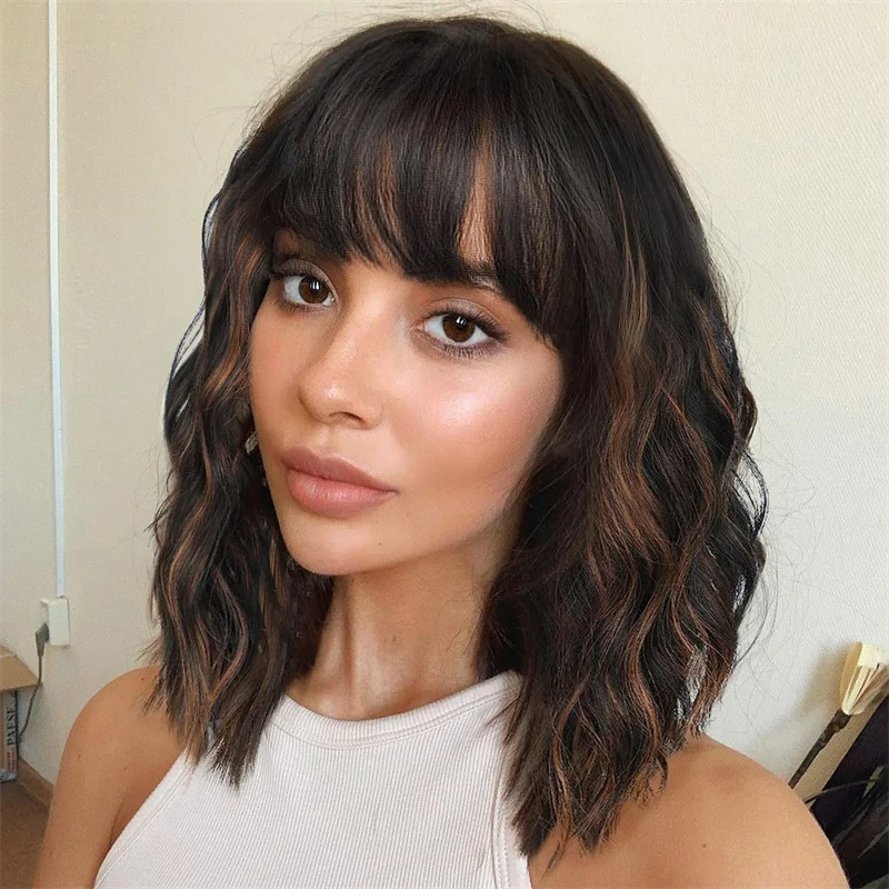 Brazilian Hair Wig with Bangs 100% Real Human Hair Wigs Short Shoulder Lace Front Wig Brown Highlights Color Natural Top Qearl