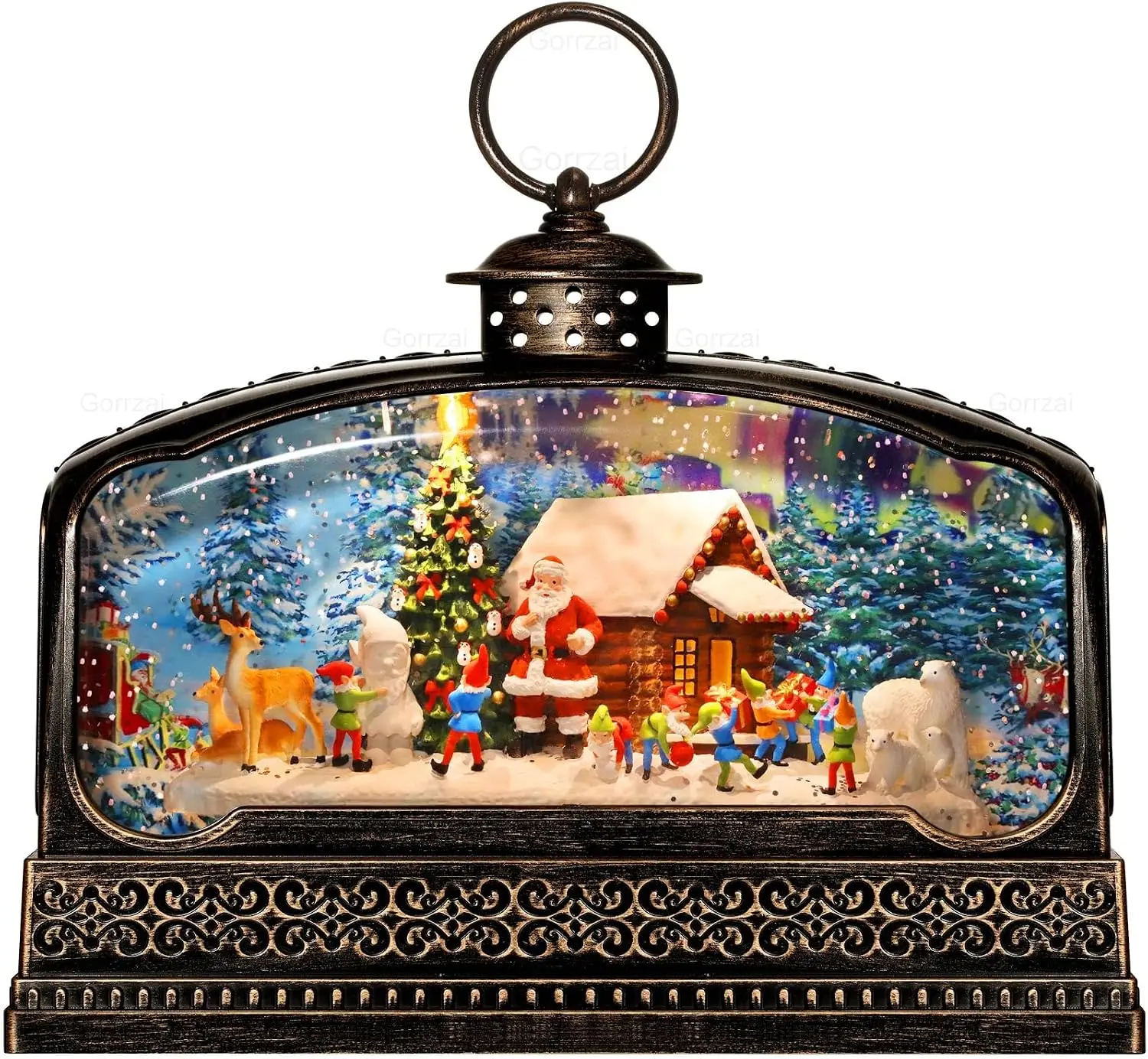 Lighted Christmas Snow Globe Lantern Indoor Decoration, Musical Glitter Snowglobe with 6-Hour Timer, Santa Reindeer and Tree Figurines, USB or Battery Powered