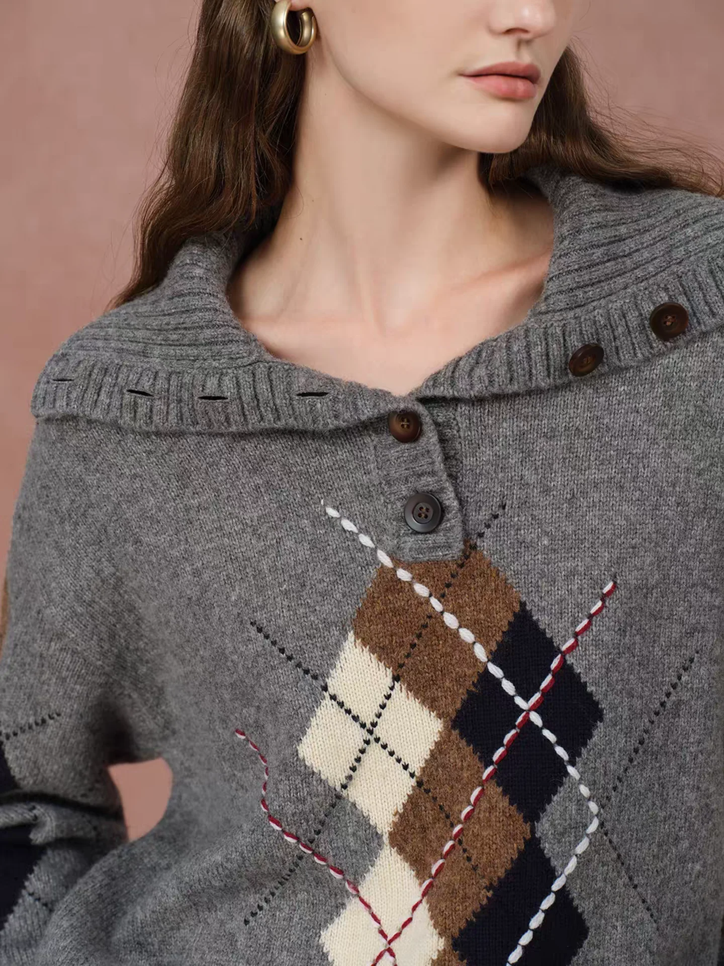 Ele Damen-Strickpullover mit besticktem Rautenmuster, College-SLE-Top, mittellang, S Sve, lange Strickwaren für Herbst und Winter