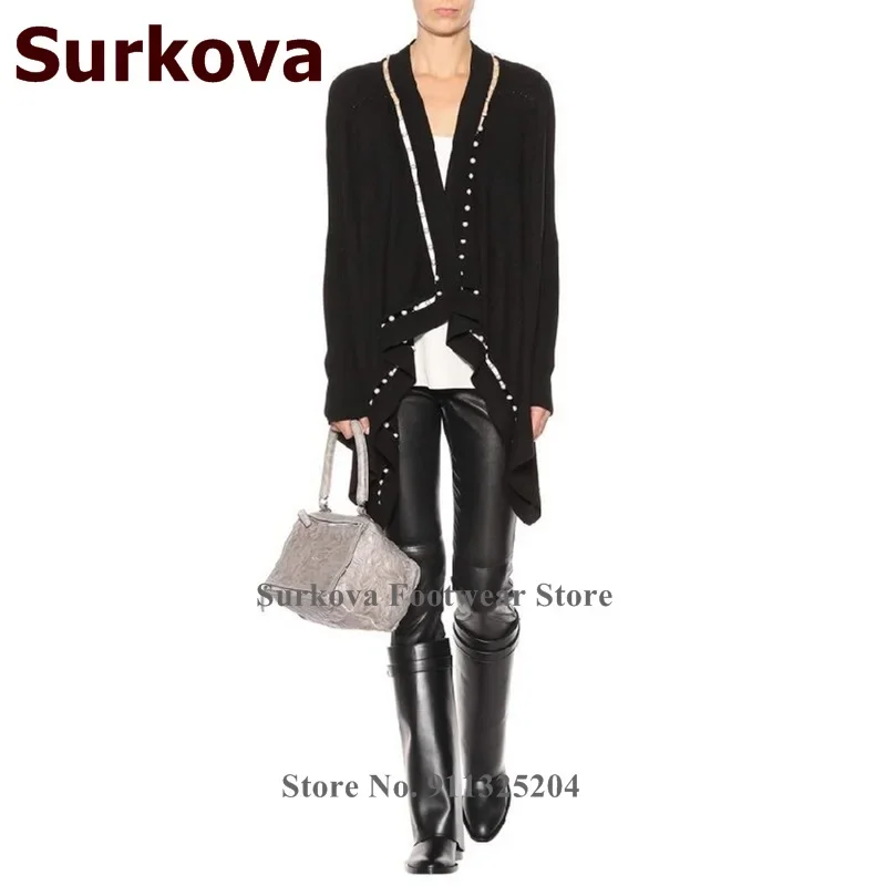 Surkova Shark Lock Low Heel Knee-High Boots Women Black Matte Leather Strap Turn Over Metal Decoration Dress Boots Chunky Heels