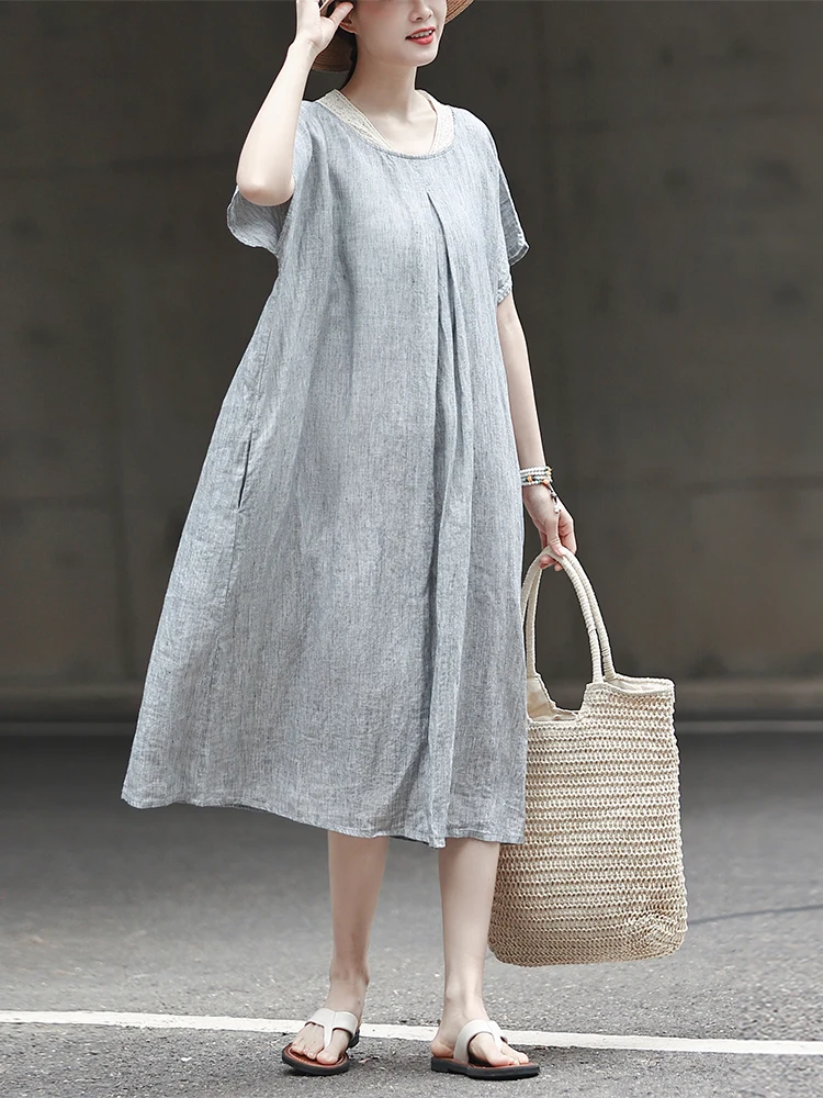 

Льняное платье Miaoli Sand Waed 00% с полосками, кружевным воротником, длинное, летнее, свободного кроя, больших размеров, женское, модное, во французском стиле, А-силуэт