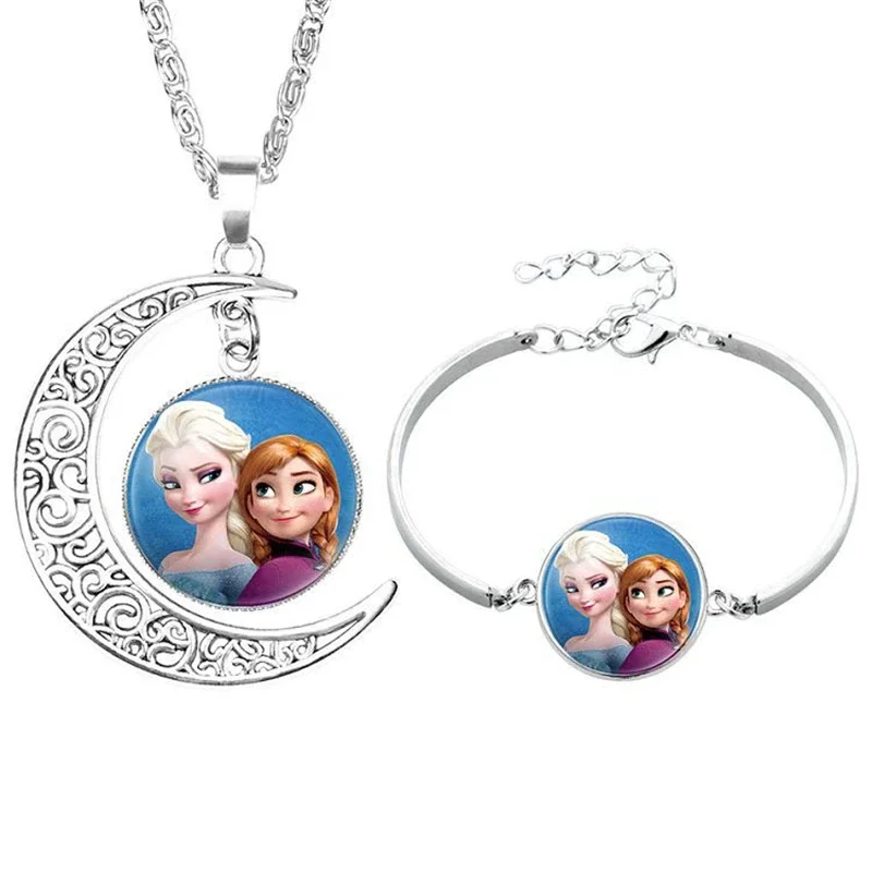 2pcs/lot Disney cartoon Frozen children necklace+Bracelet Elsa bow doll accessories girl birthday gift cosmetic sweater jewelry