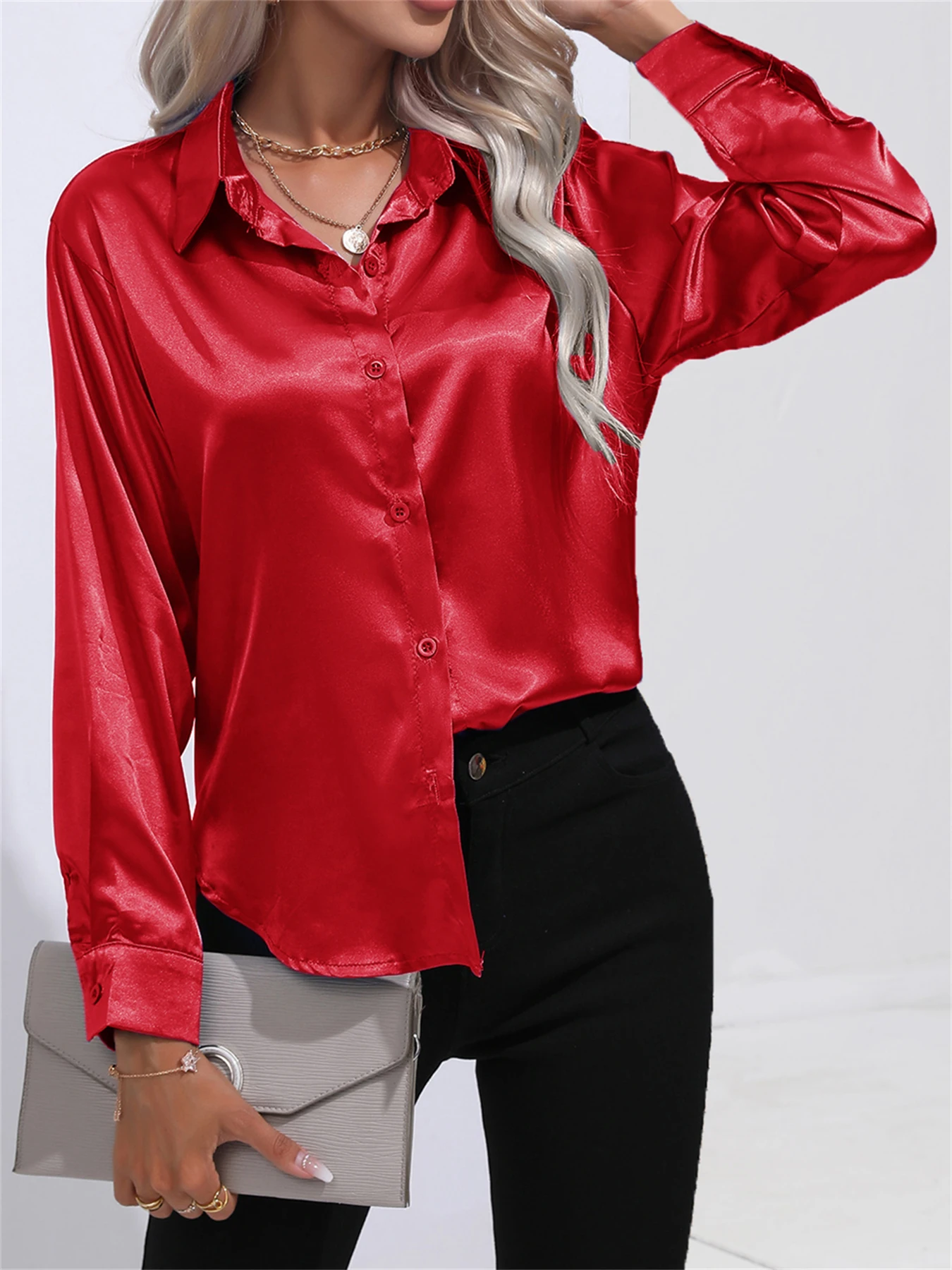 Casual Solid Smoothly Button Front Turn Down Collar Long Sleeve Shirt, Women\'s Clothing