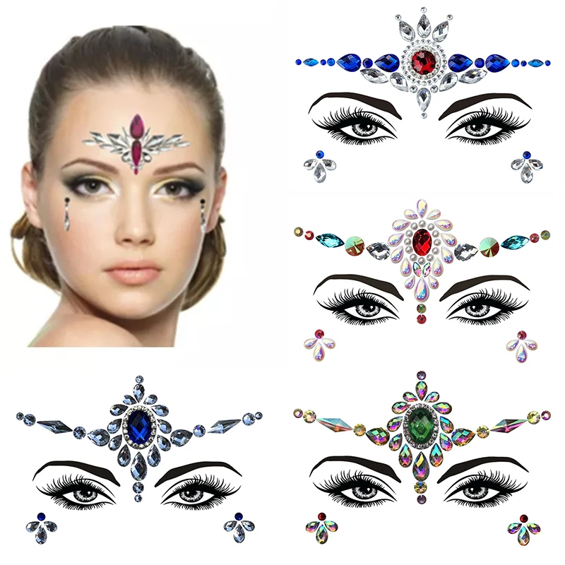 2Pcs 3D Glitter Rhinestone Face Tattoo Stickers Festival Party Makeup Jewel Body Temporary Tattoo Eyes Gems Stickers Decoration