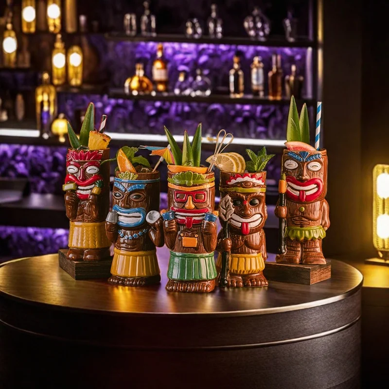 Brown Hawaiian Style Tiki Mugs Creative Cocktail Mugs Zombie Ceramic Tiki Drinking Cups Bar Party Cups Ornaments Set of 2