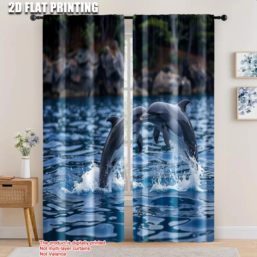 

2pcs, 2D flat printing Window Curtains dolphin Versatile Polyester,Without Electricity Festive Backdrops Perfect for Bedroom