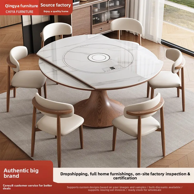 Retractable Solid Wood And Stone Slab Tabletop, Foldable Modern And Minimalist Rock Slab Dining Table With Induction Cooker And