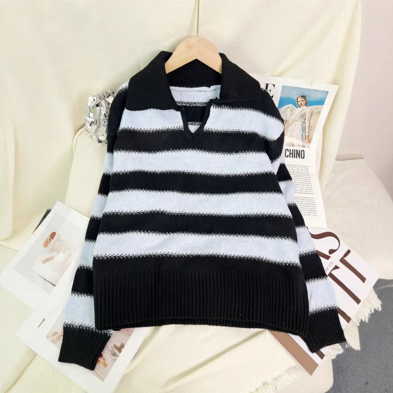 

Осенне-зимний полосатый свитер с лацканами 2025 года, вязаная повседневная женская одежда для поездок на работу
