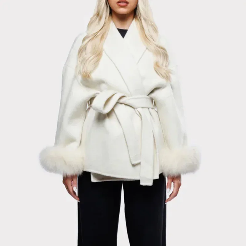 

Feminine Casual 2025 Autumn Streetwear Elegant Sophisticated Lapel Tie Up Jacket Stylish Solid Color Outerwears Artificial Fur