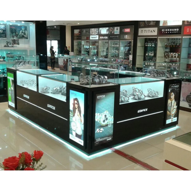 

2025customized. high-end Watch Kiosk Watch Showcase Wooden Glass Jewelry Kiosk with LED Retail Mall Kiosk Sale