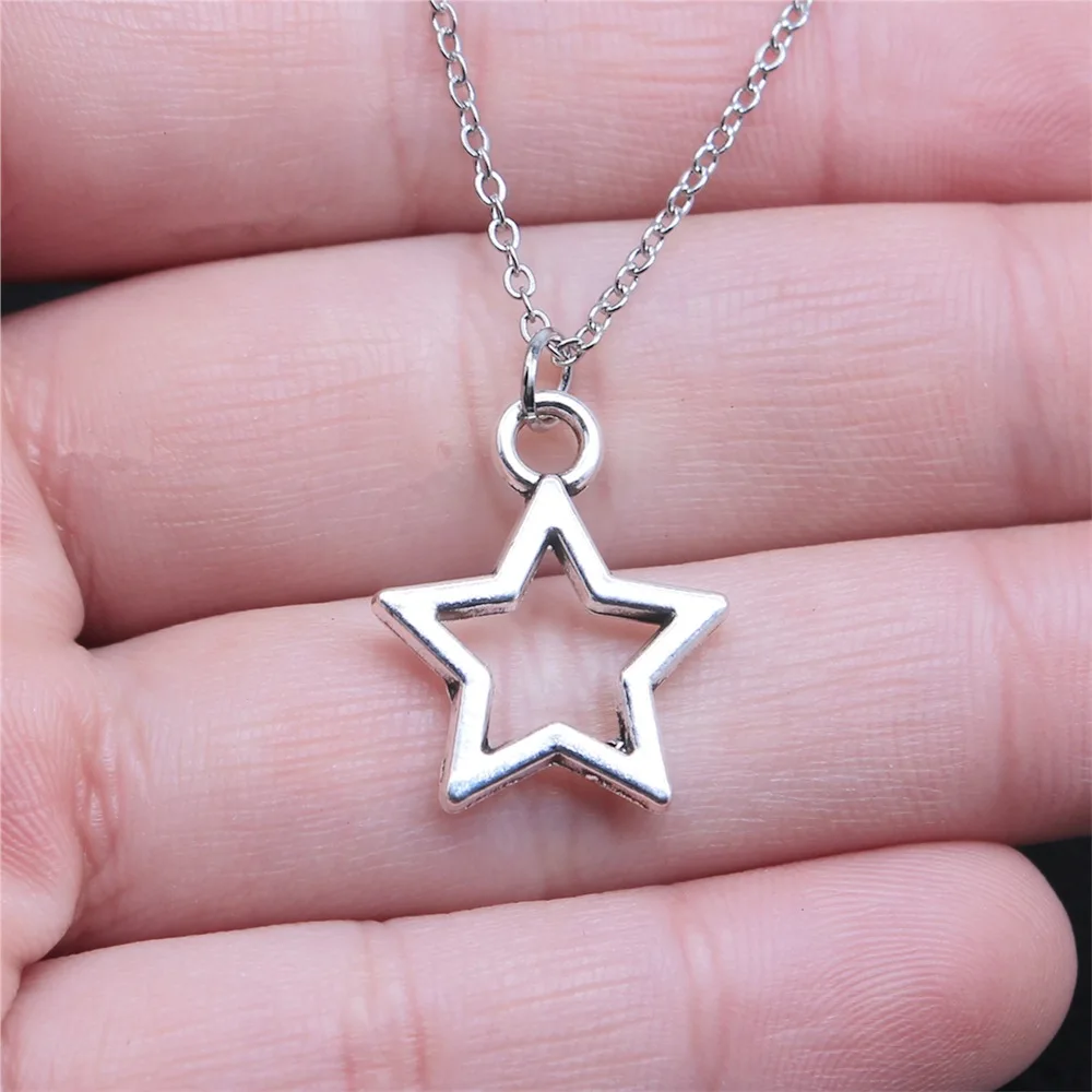 Drop Shipping Antique Silver Color 18x21mm Hollow Pentagram Necklaces Short Chain Choker Necklaces