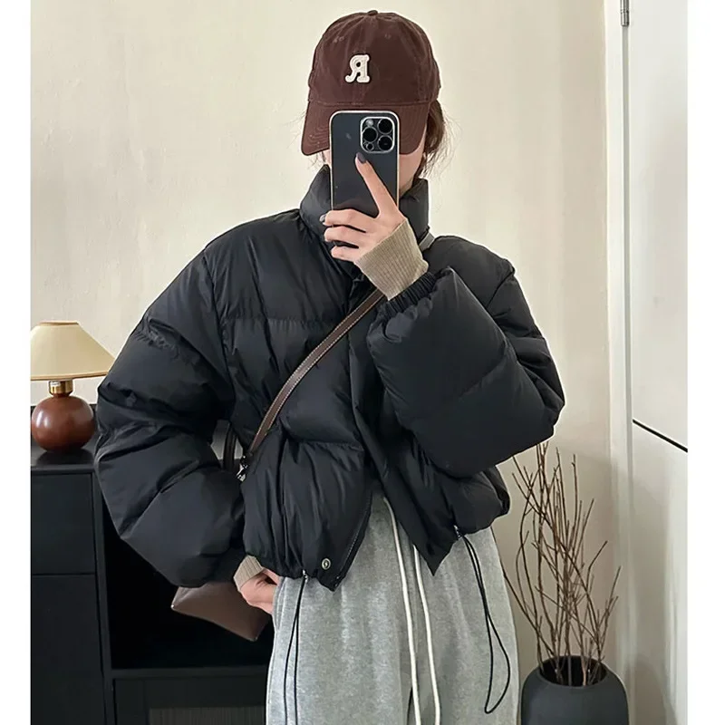 2023 Women's Pink Cropped Parka Winter Warm Stand Collar Puffy Jacket Women Korean Style Long Sleeve Cotton Padded Coat