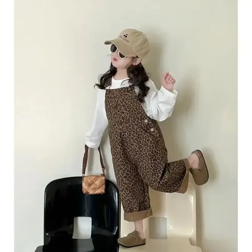 Kids Pants Girls Leopard Print Overalls Spring Autumn Pants Korean Childrens Wide Leg Pants Set  New 2024 Autumn Simple