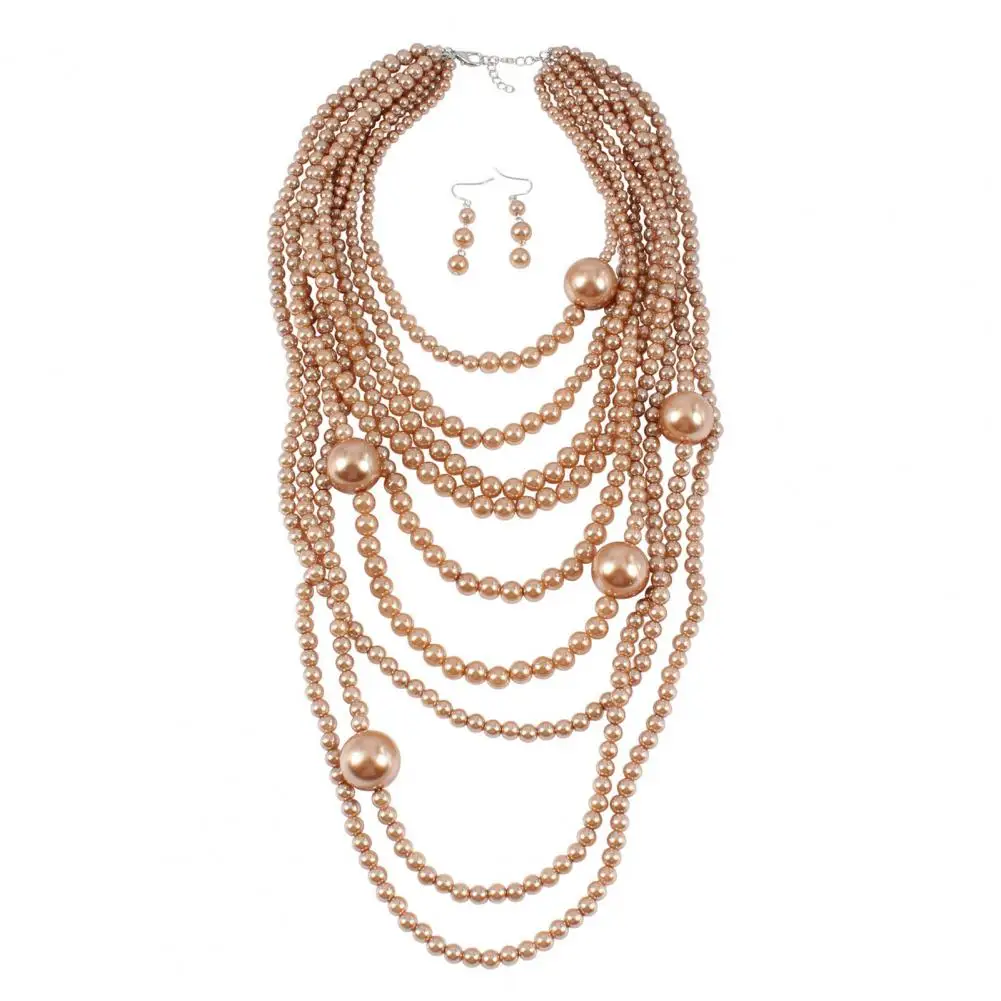 Necklace Earrings Set Party Jewelry Set Exaggerated Multi-layer Faux Pearl Necklace Set Adjustable Length Hanging for Women