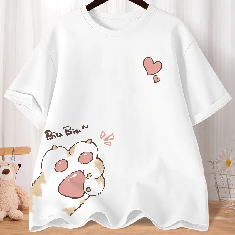 Summer Cartoon Cute Sweet Cat Claw Love Printed Women's T-shirt Summer Short Sleeve Youth Student Top Casual Women's Clothing