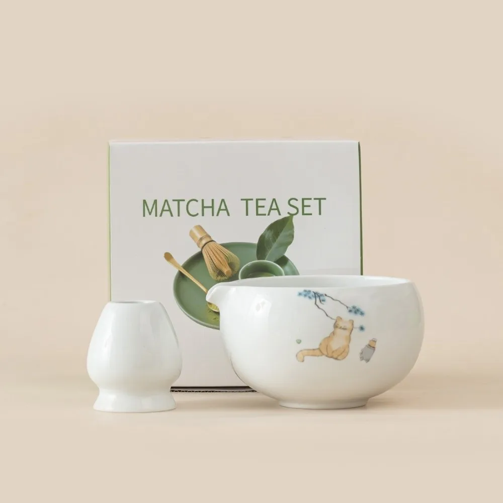 

2/4/5/7PCS New Ceramic Matcha Bowl Pink Cat Matcha Whisk Holder with Pouring Spout Reusable Japanese Tea Set Tea Lovers