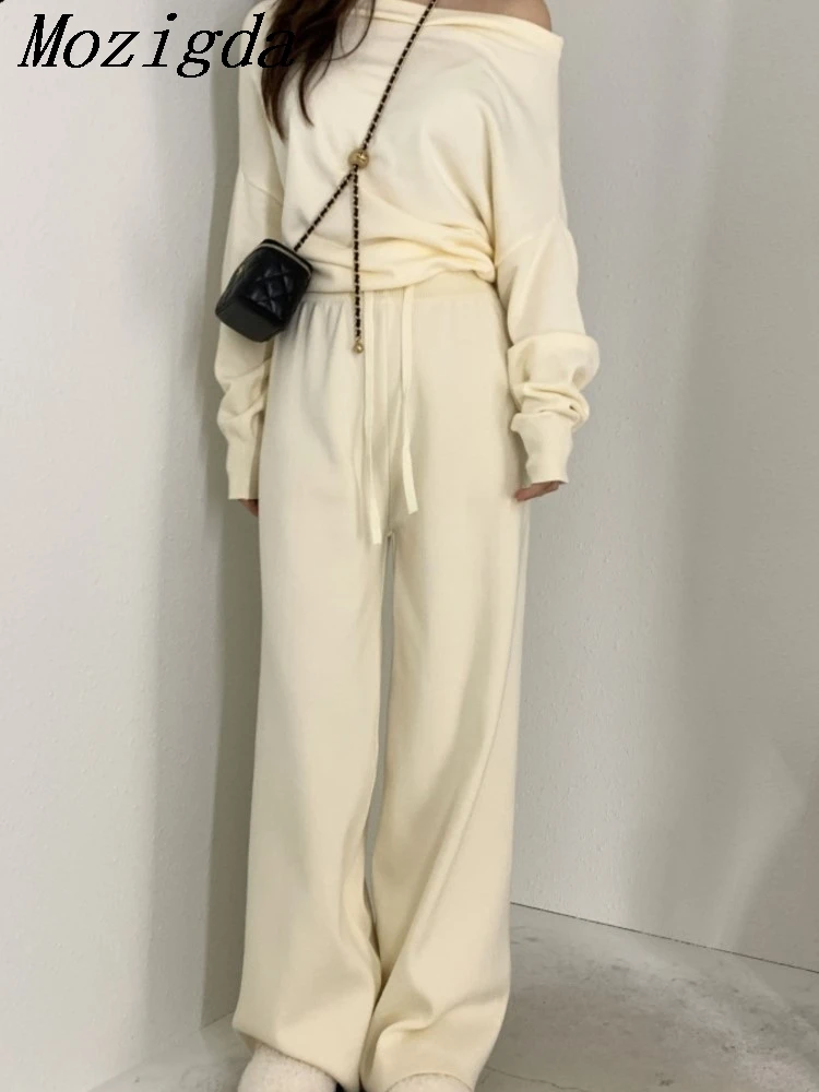 

Autumn Winter Two Piece Set Knitted Off Shoulder Sweater Women Korean Wide-leg Pants Ladies Suit
