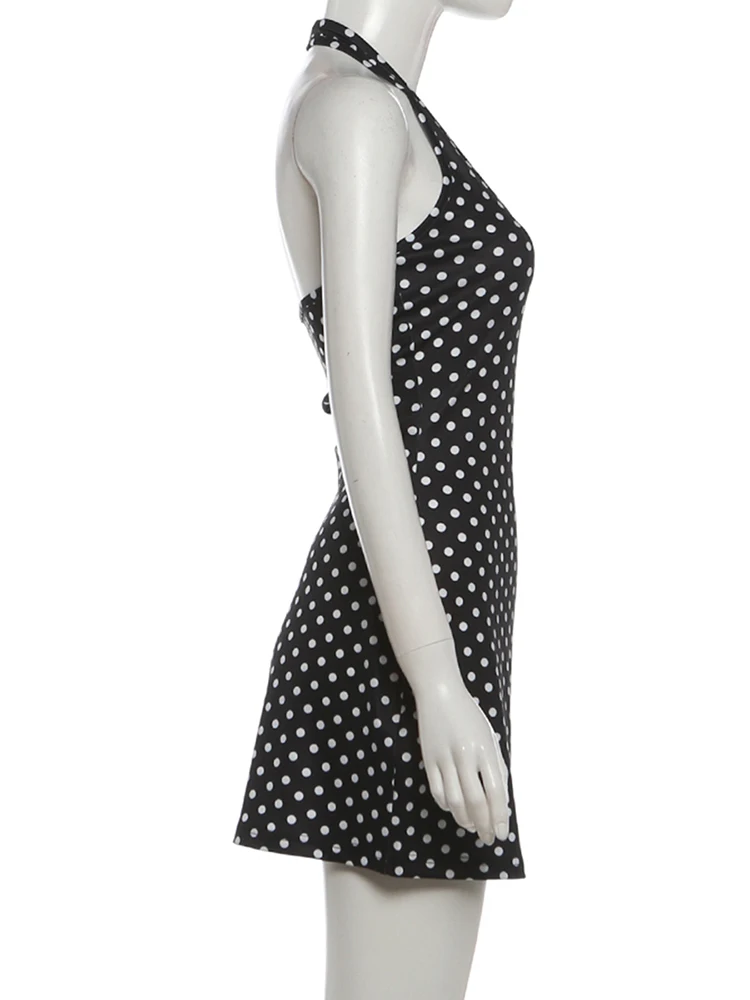 Kliou Polka Dot Print Minikleid für Damen, Sommertrend, Neckholder, tief ausgeschnitten, rückenfrei, ärmellos, formende Taille, Y2K, eleganter Stil, figurbetont – Detail 4