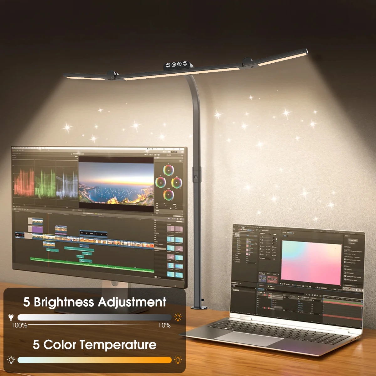 LED-Schreibtischlampe für Home Office, Intelligente Doppelkopf-Tischklemmleuchte mit Klemme, Verstellbare Flexible Schwanenhals-Arbeitsleuchte, Schwarz
