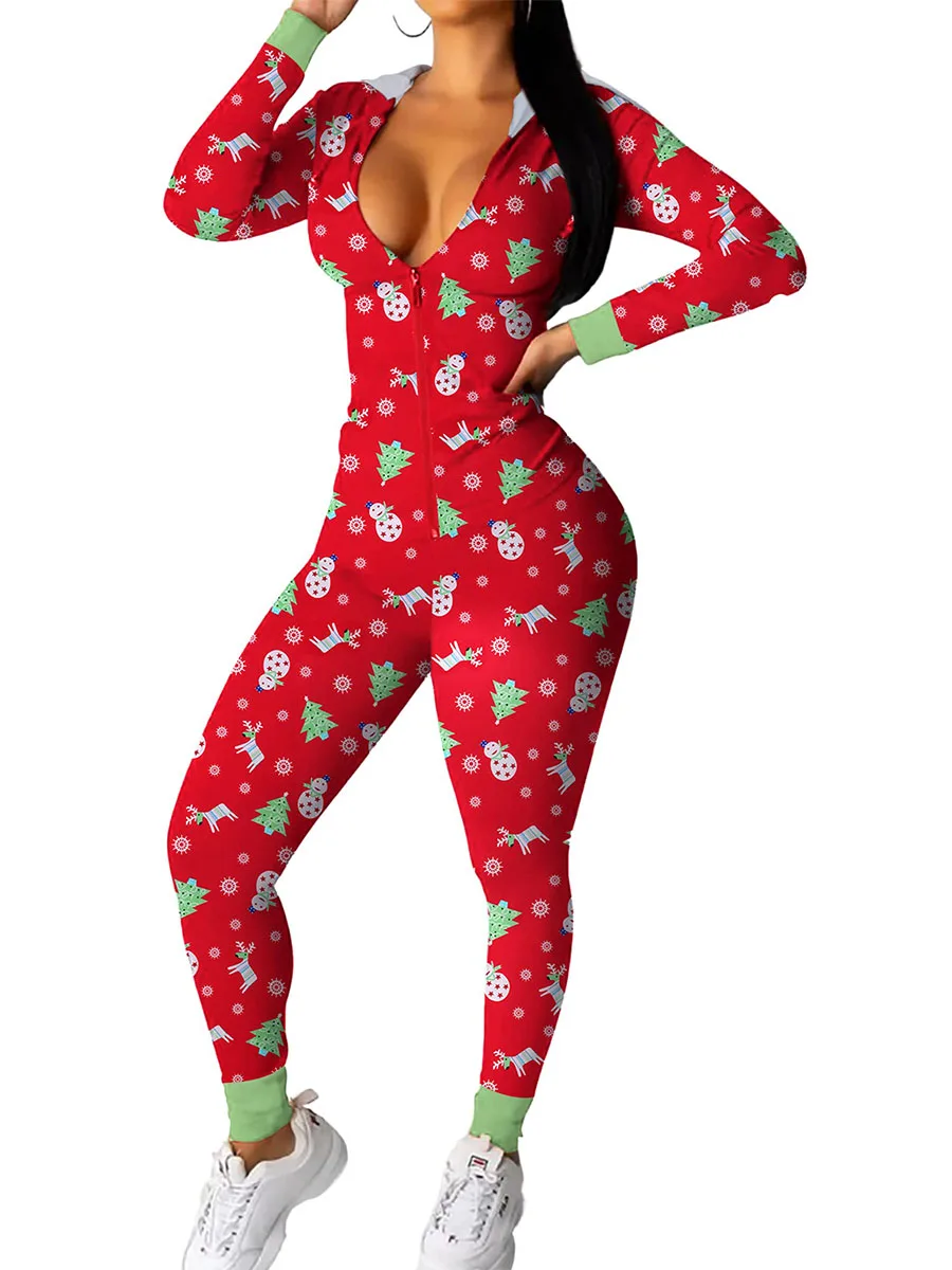 Stretchy Sexy 1Piece Pajamas for Women Cute Long Sleeve Hooded Pajamas Romper Sleepwear Jumpsuit PJS Christmas Party Homewear