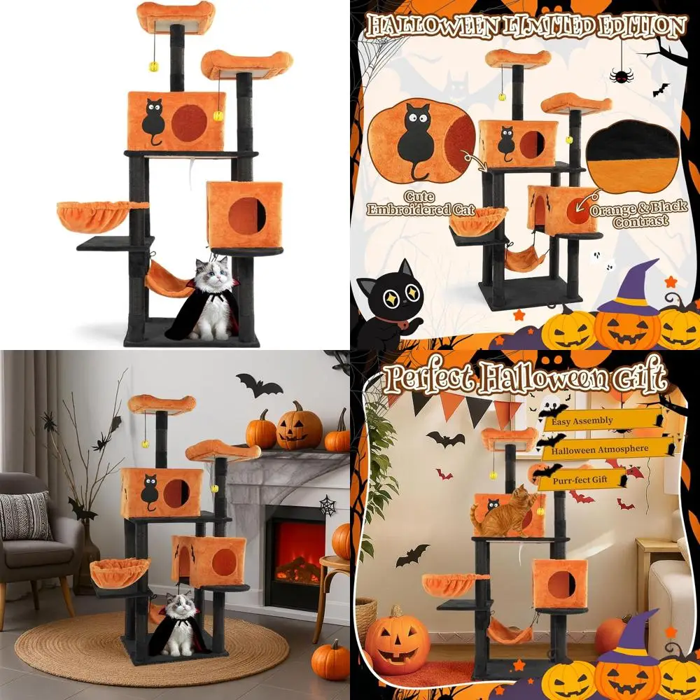 

61-ярусная просторная лежанка-башня для кошек с 2 домиками, 2 площадками для отдыха, 2 гамаками, когтеточками, подвесной игрушкой, многоуровневыми элементами для активного отдыха, оранжевая и черная