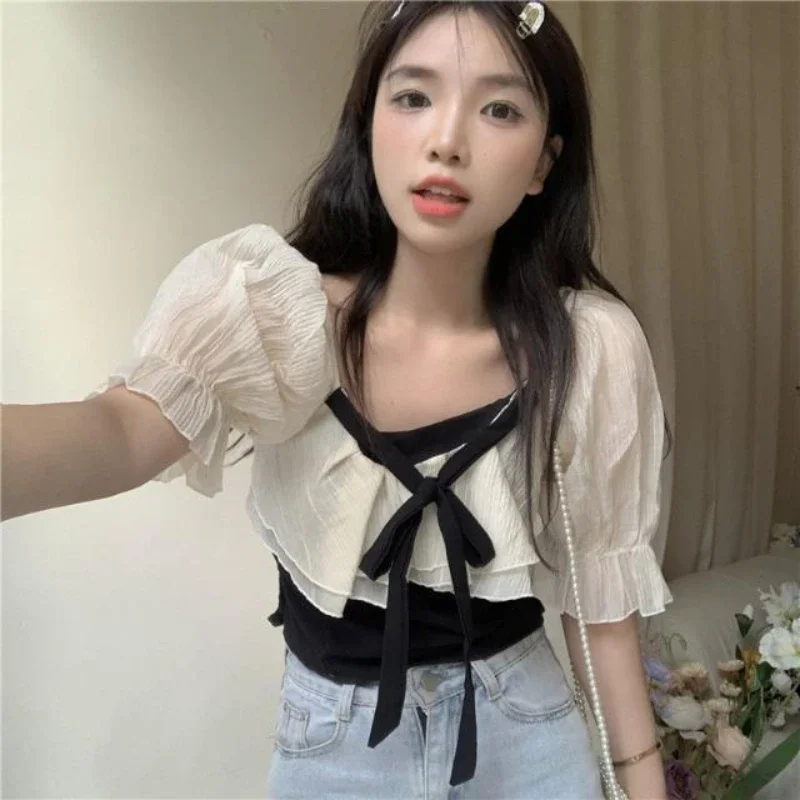 Blouses Women Kawaii Princess Summer New Patchwork Gentle Korean Style Prevalent Square Collar Streetwear Casual All-match Slim