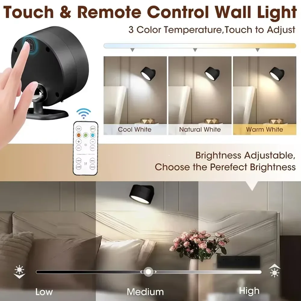كشاف LED مغناطيسي مع 360 درجة °   دوران اللمس التحكم عن بعد القابلة لإعادة الشحن الجدار ضوء خزانة أضواء السرير القراءة مصباح الليل
