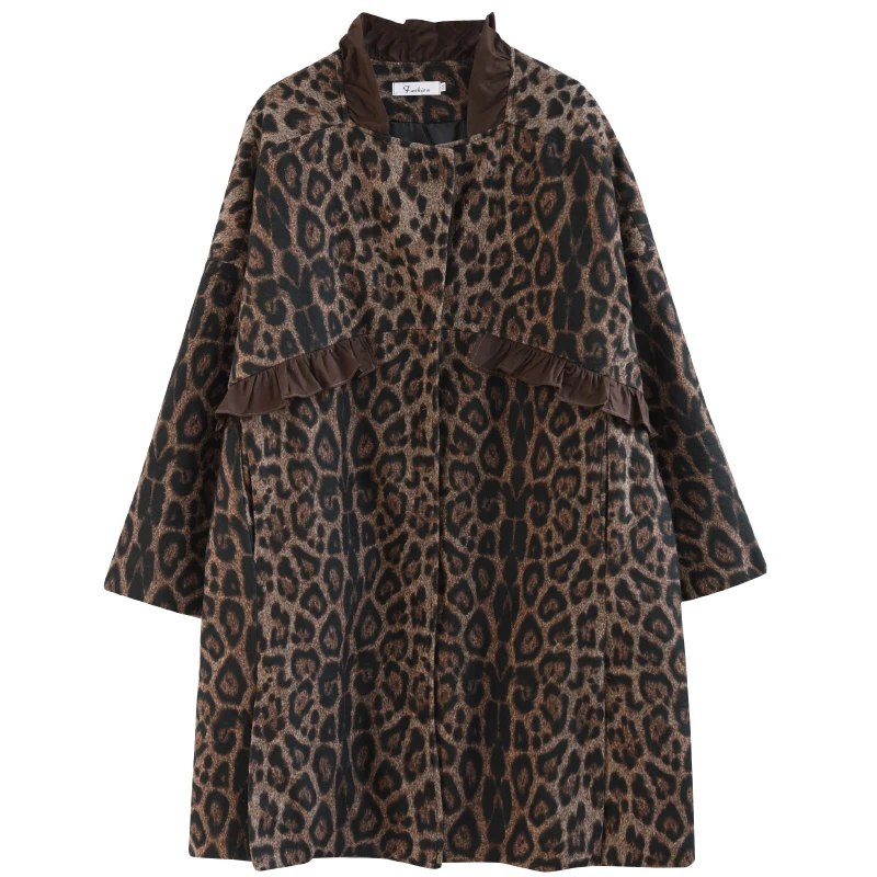 معطف صوفي نسائي كبير الحجم للخريف والشتاء مع كشكش من الخشب متوسط الطول يخفي اللحوم معطف مبطن بالقطن للتخسيس