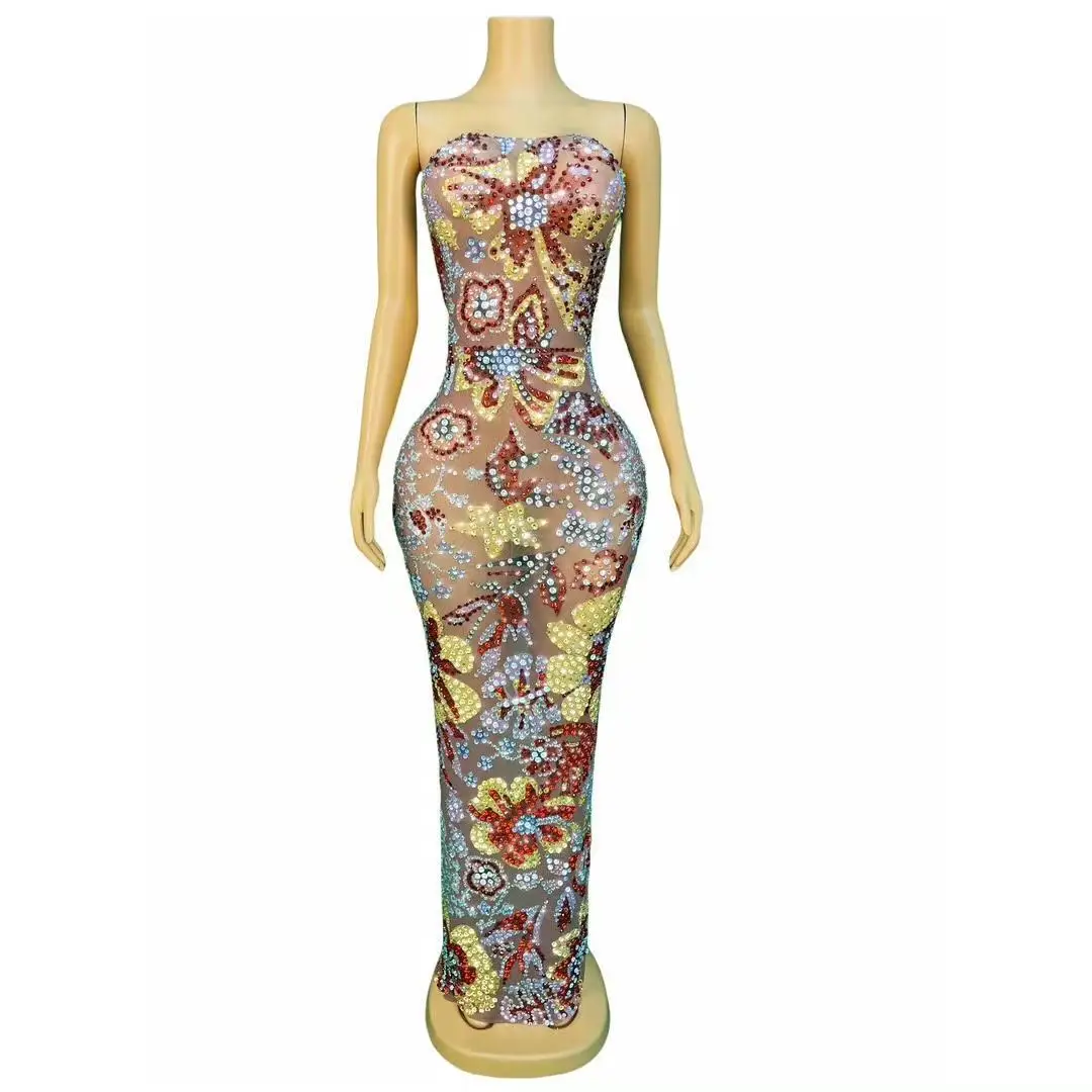 

Women's Sexy Strapless Patchwork Long Dress Elegant Luxury Floral Diamonds Slim Dress Evening Party Runway Gowns Baihuaqifang