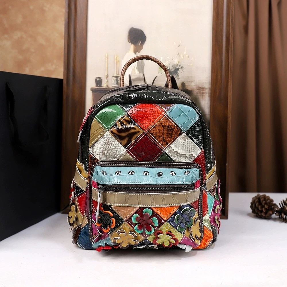 Floral Women Genuine Leather Backpack Vintage Real Cow Leather Shoulder Bags Fashion Patchwork Ladies Cowhide Travel Bagpack