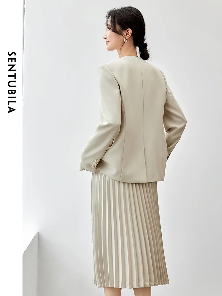 SENTUBILA Women Skirt Suit 2024 Autumn V Neck Blazer A Line Pleated Skirt Office Work Business Outfits Matching Sets 143Z55705