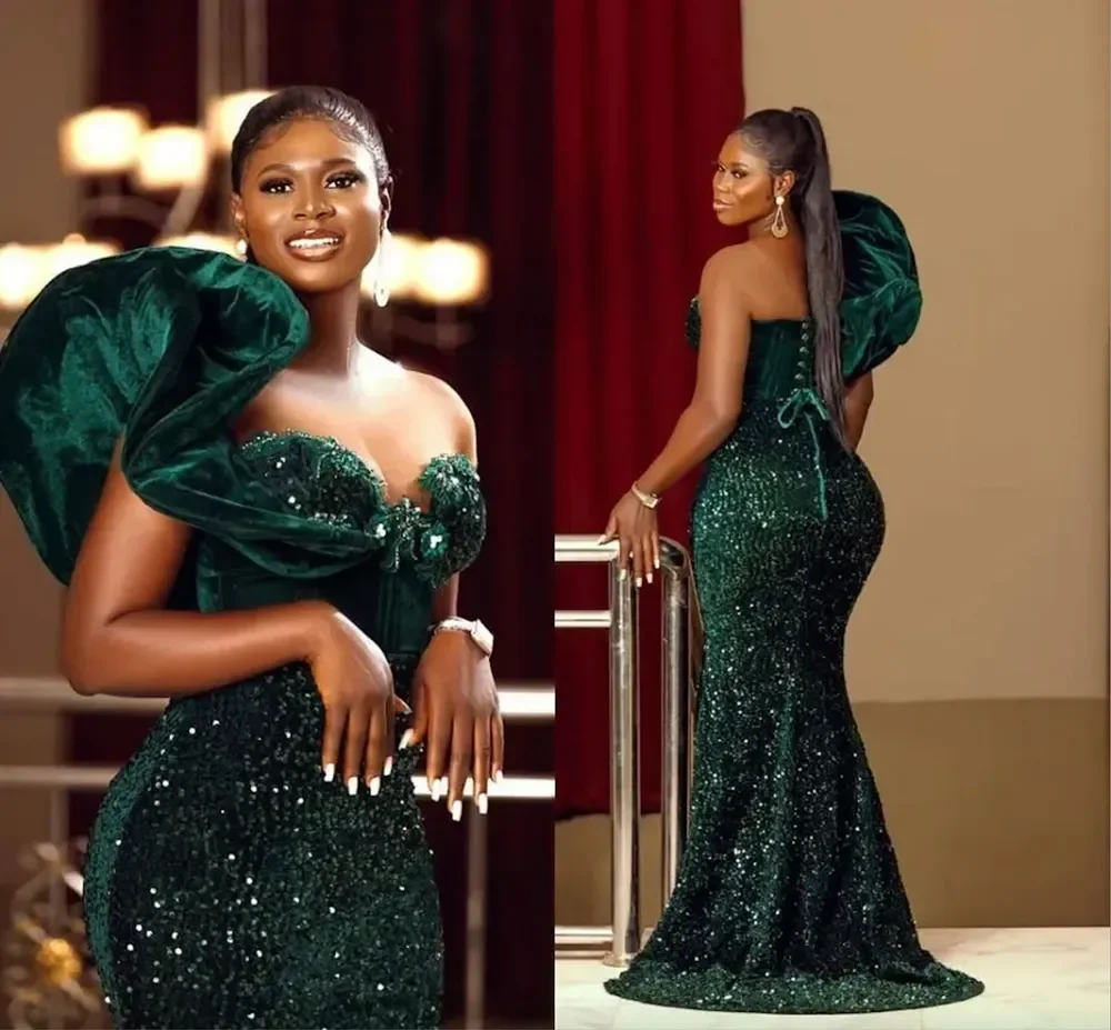 Robe de Soirée à Paillettes Vert Foncé Personnalisée, Tenue de Bal Arabe Aso Ebi, de Style Sirène Africaine, Fendue sur le Côté, avec Lacets dans le Dos