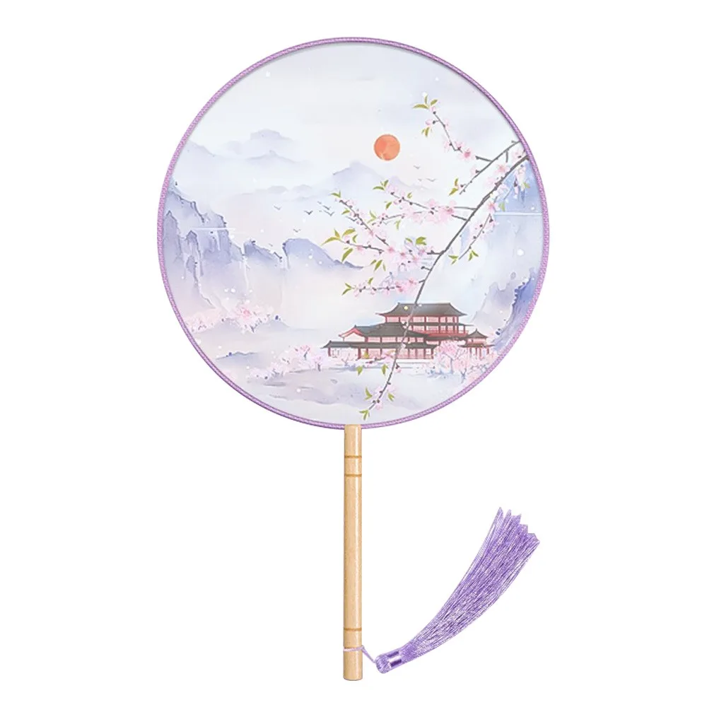 Half Transparent Ancient Style Fan Long Handle Ink Painting Round Hand Fan Silk Embroidered Small Round Silk Fan