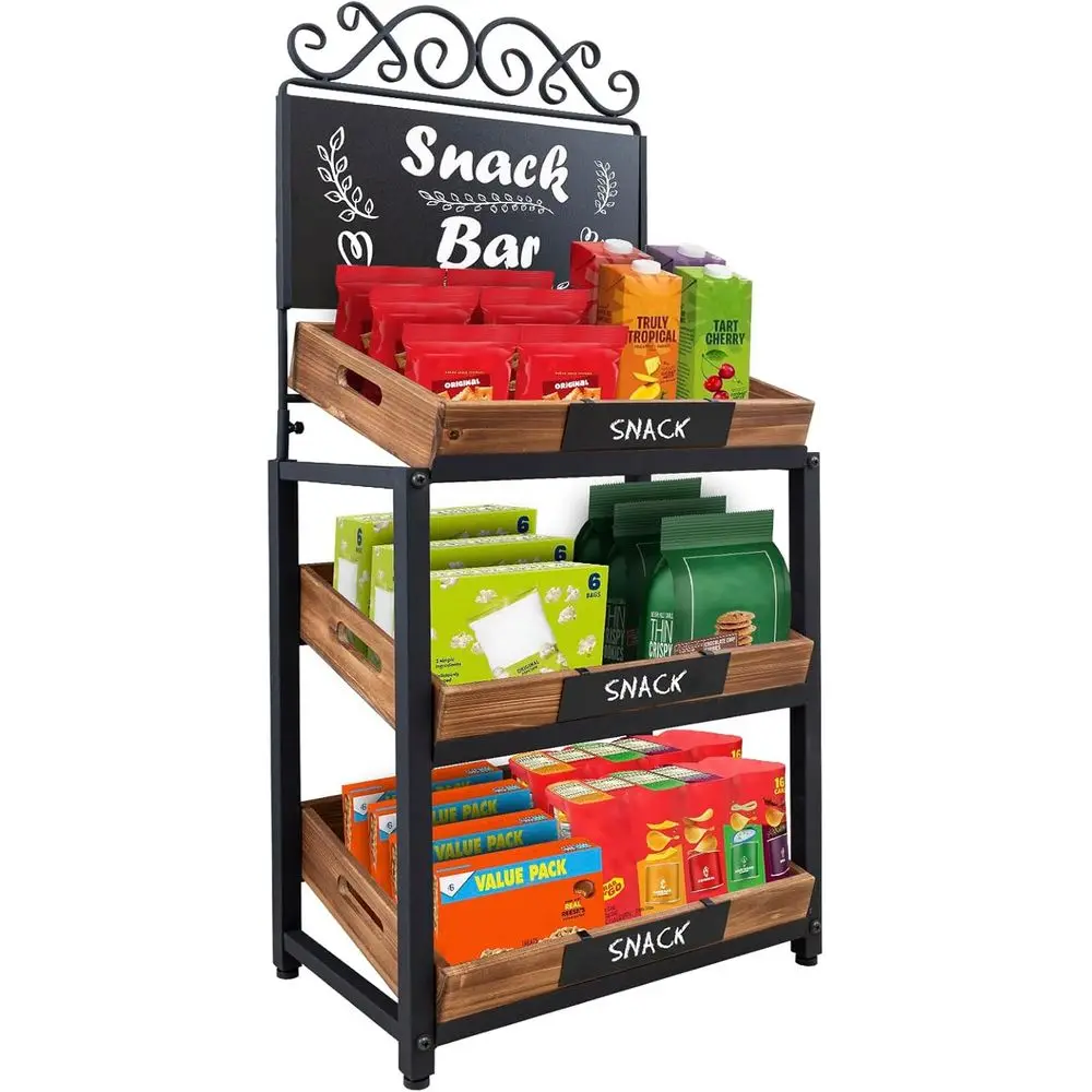 

Подставка для фруктов и подставка для продуктов с подносами из выжженного дерева, полка для выставки товаров хлеба, трехъярусный винтажный металлический дизайн с табличками для классной доски