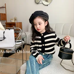 Girl Coat Black White Contrast Color Sweater Korean Dehaired Angora Core-Spun Yarn Classic Stripes Simple