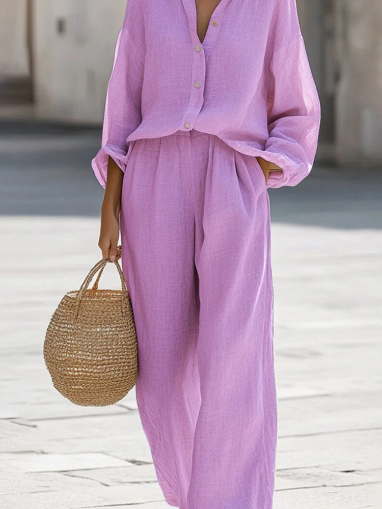 Conjuntos elegantes de lino y algodón para mujer, conjunto de ropa deportiva holgada de Color sólido, camisas informales de manga larga con solapa y pantalones de pierna ancha, novedad de otoño