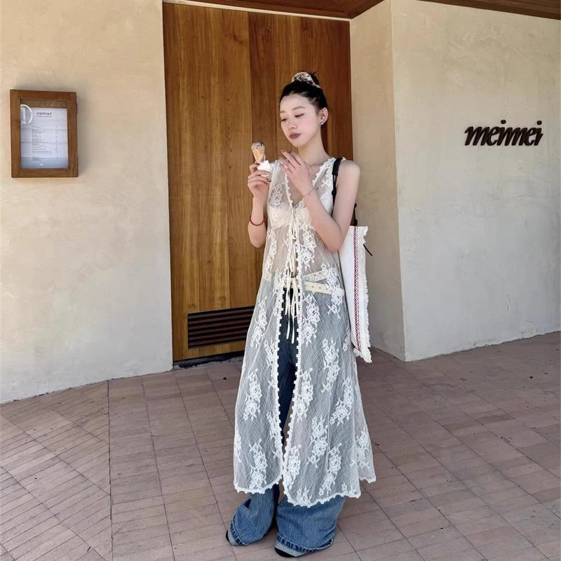 Seksowna koronkowa sukienka na ramiączkach Koreańska moda Wydrążona koronkowa długa sukienka Letni Harajuku Szykowny kardigan bez rękawów z dekoltem V Top Vestidos