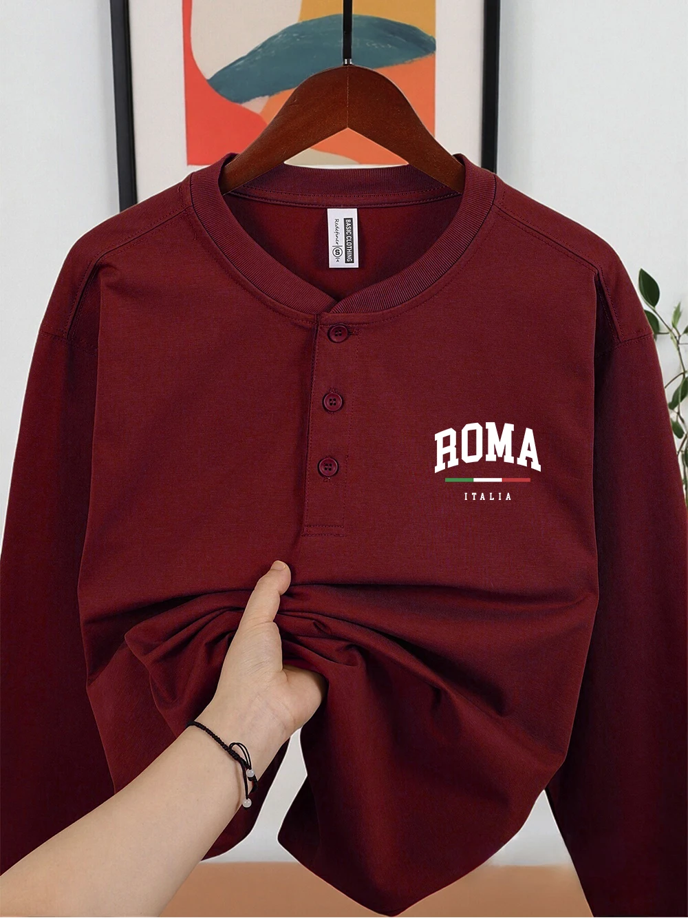 Roma Italia lettre imprimée hommes Henley chemise coton automne respirant T-Shirts ample chaud maillot de corps basique à manches longues vêtements