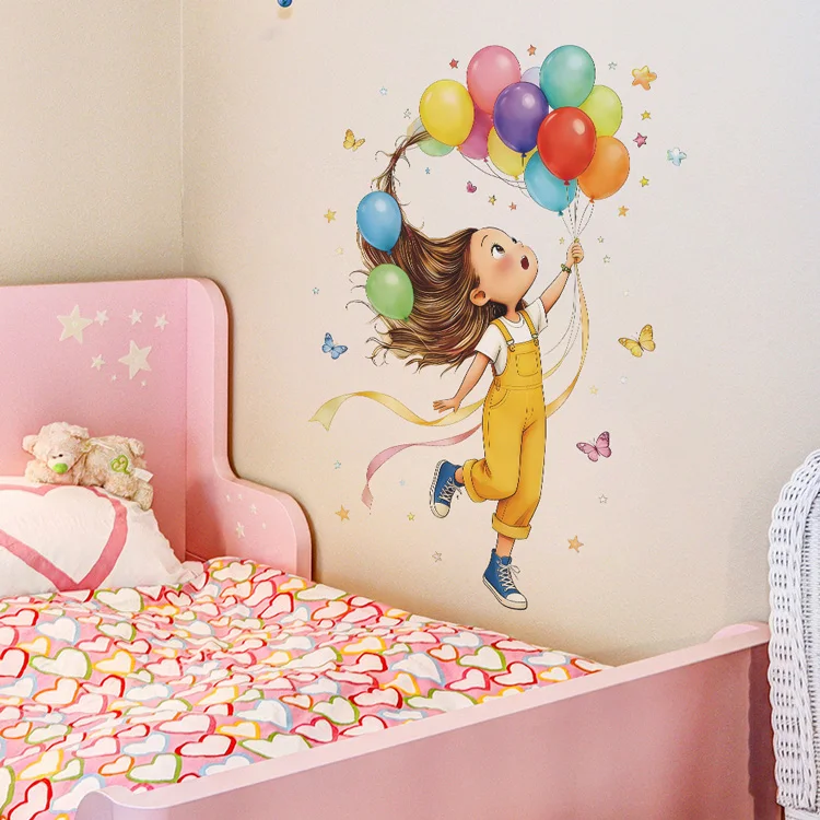 Cartoon Kleines Mädchen Ballon Schmetterling Wandaufkleber Kinderzimmer Hintergrund Deko Wandbild Schlafzimmer Tür Dekoration Selbstklebende Aufkleber – Detail 3