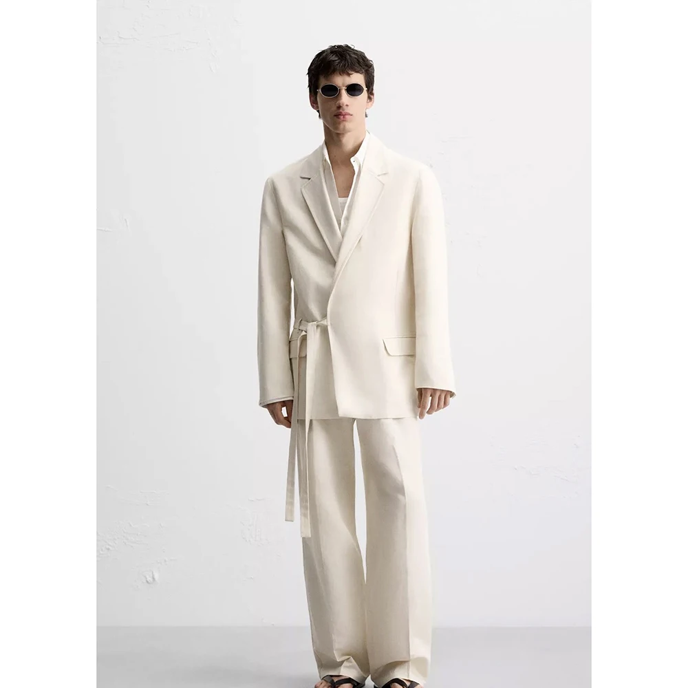 

2025 Simple Cream White Single-Breasted Straps Design Men Suit 2 Piece Jacket Pant Set Notch Lapel Widding Party Male Outfit