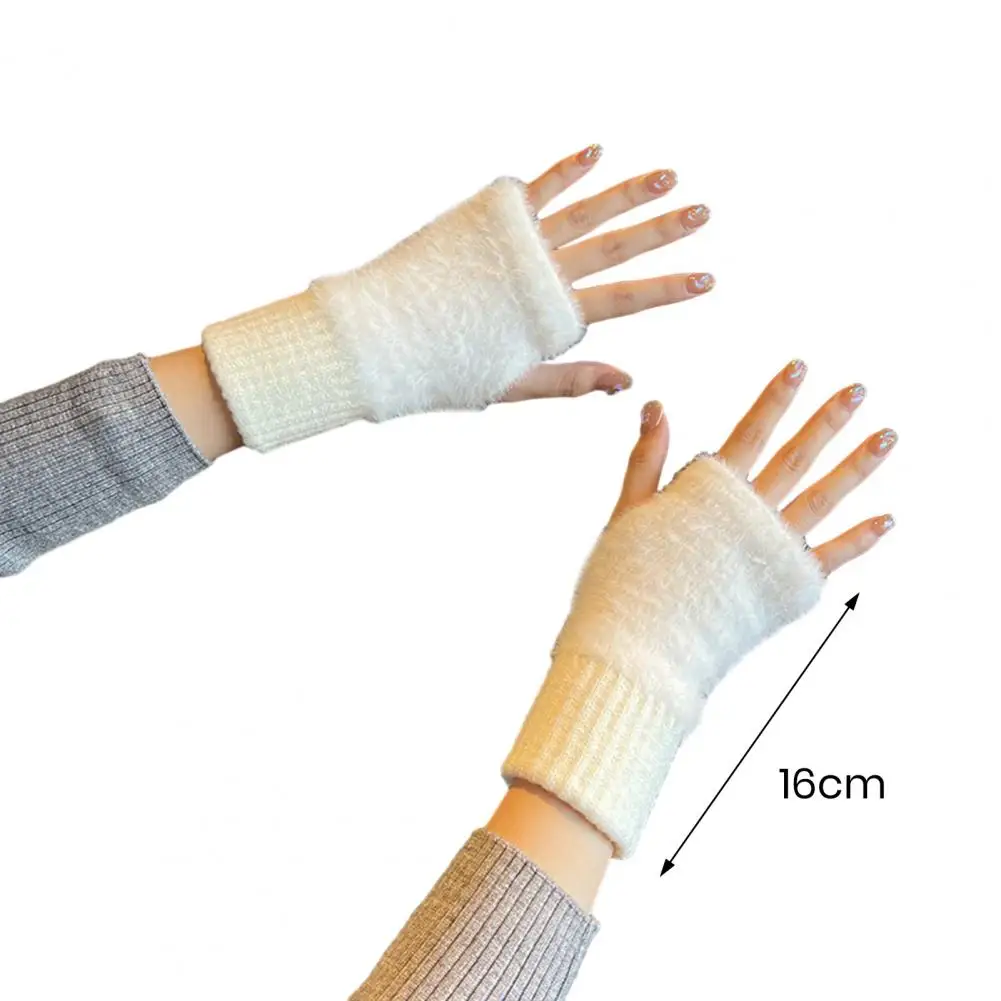 1 Pair Women Winter Gloves Half Fingers Thick Plush Knitted Gloves Elastic Soft Warm Touchscreen Warm Students Writing Gloves