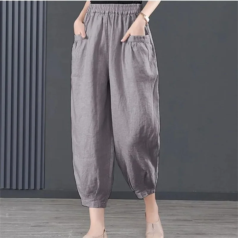 Pantalon sarouel en coton et chanvre pour femmes, ample, couleur unie, court, décontracté, neuf points, carotte, été 2025, pour maman